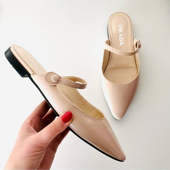 PRADA Nude Cream Beige Patent Leather Strap Pointed Toe Flats Slip On Slides 38 - Picture 1 of 16
